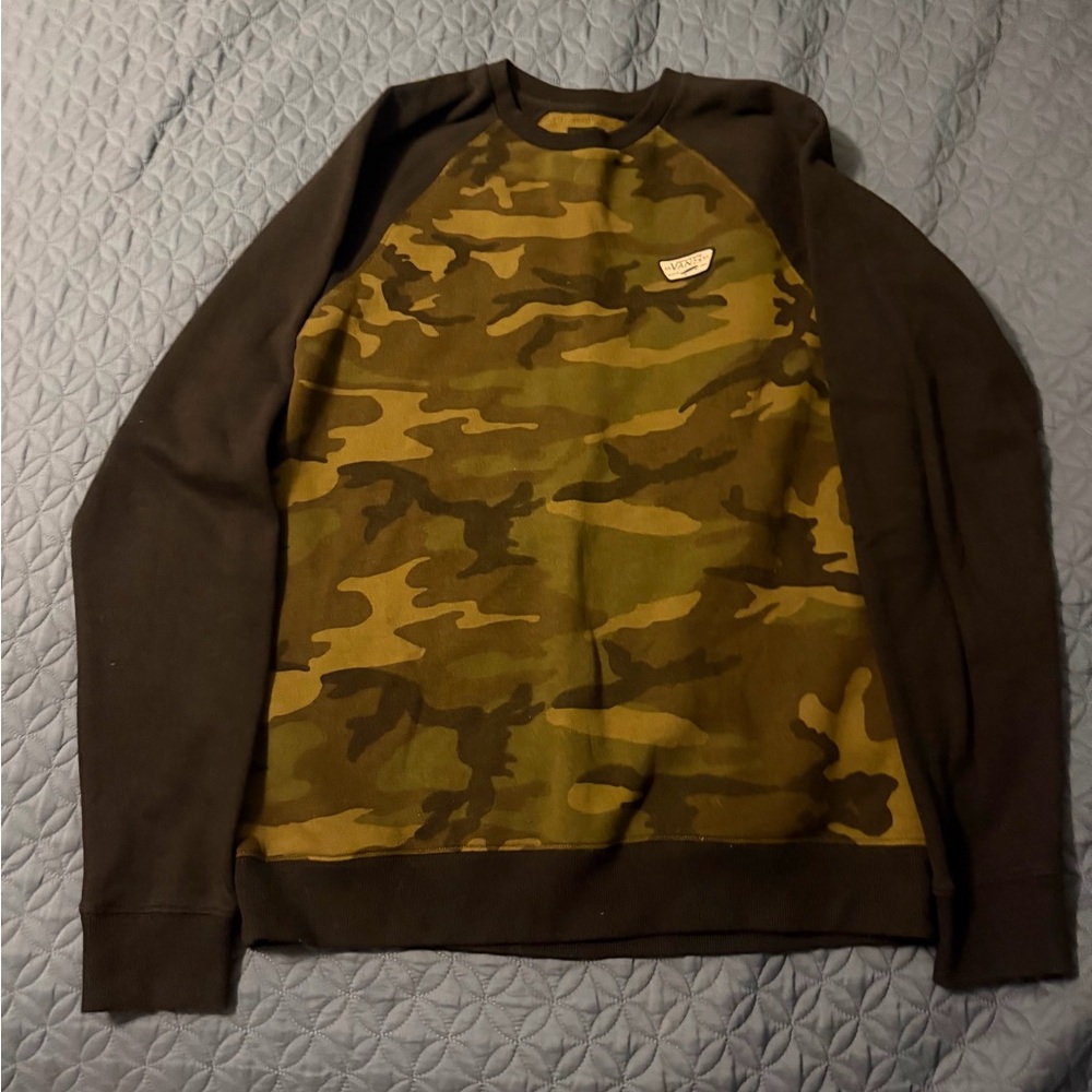 Vans Men's Crewneck Sweatshirt - Olive Camo with Dark Brown Sleeves